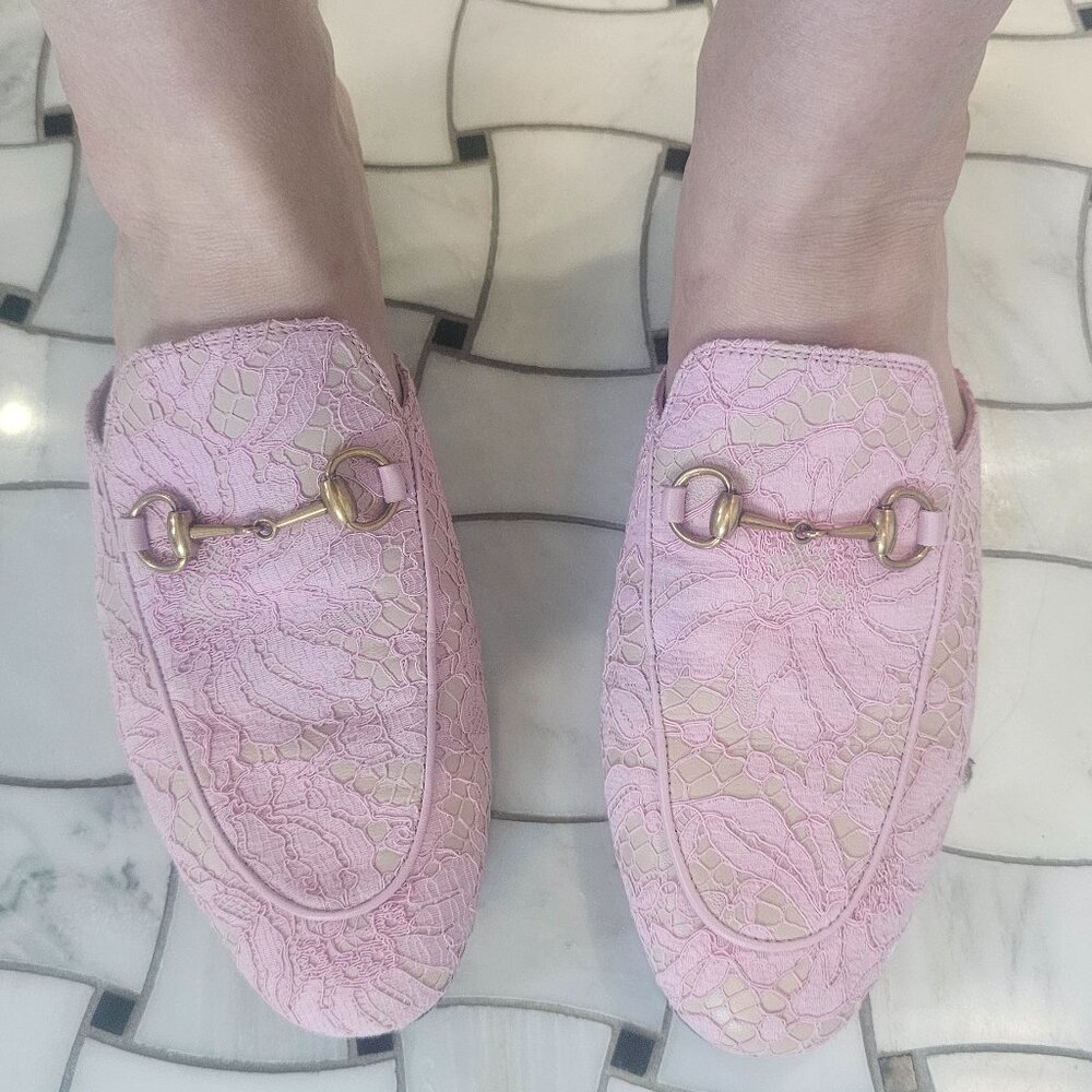 GUCCI Pink Lace Leather Princetown Horsebit Womens Size 38 with Box Dust Bag